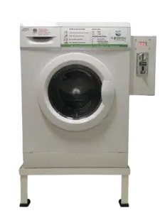 Coin operated washing machine front close-up showing drum and panel