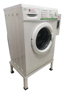 Right angle wide view of front-load coin operated washing machine